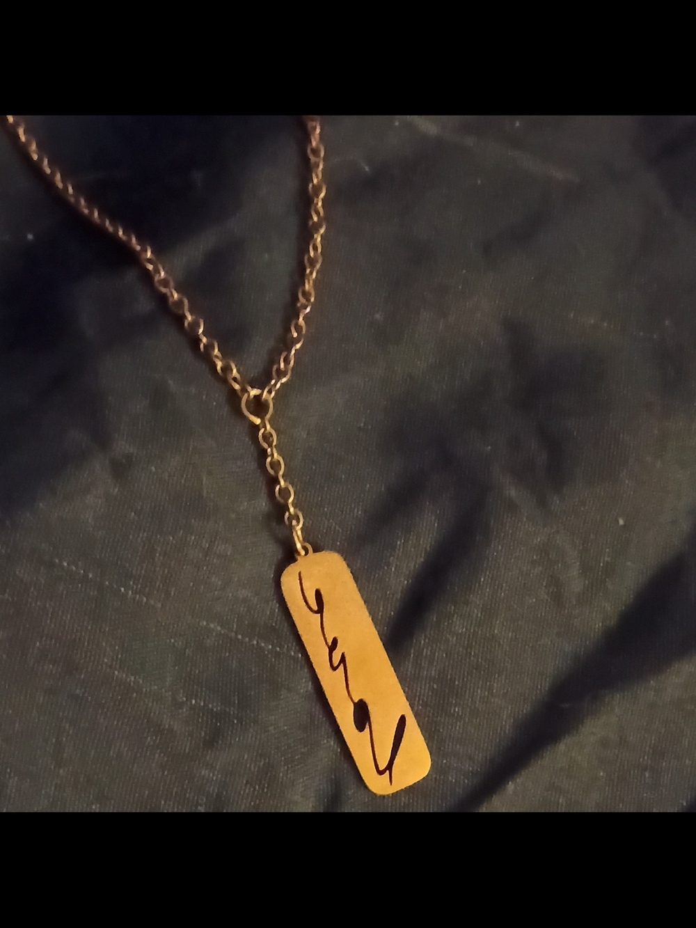 Avon Gold Tone Script Pendant Necklace